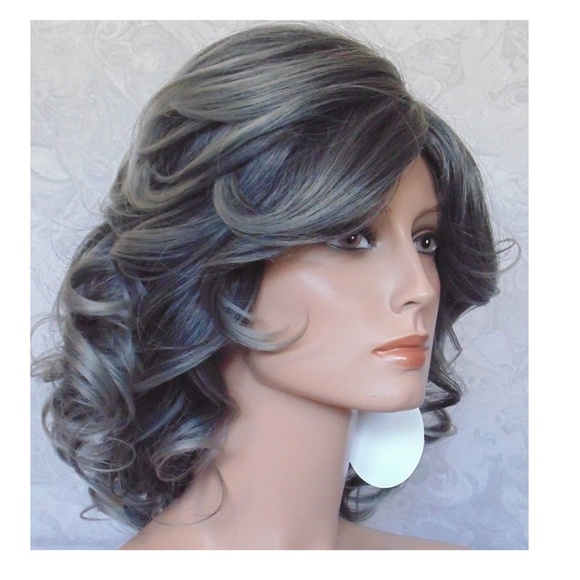 Accessories Medium Length Thick Wavy Black Grey High Heat Wig